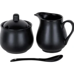 Sockerskål och gräddkanna, svart porslin, 3 delar.