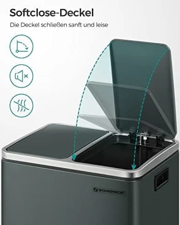 Songmics Kitchen Bin, 2 x 15 L stål skräpfack, stegfack med inre hinkar, antracitgrå
