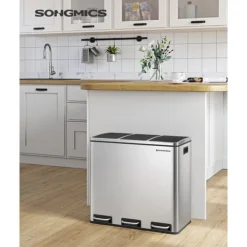 SONGMICS återvinningskärl, 3 x 18 L trippelkökskärl, 3-fack pedalbehållare, silver