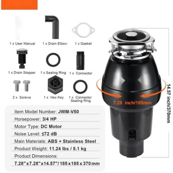 Sophantering 3/4 HP, 3600 RPM, kontinuerlig matavfallshantering, energieffektiv, tyst drift, enkel installation