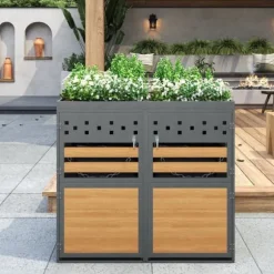 Sopkärlsbox för 2 kärl (120–240L) med planteringsbart tak – Grå dörr i trälook, utbyggbar förvaringsbox för soptunnor – Utan sopkärl