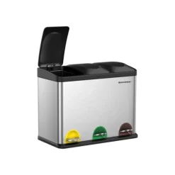 Soptunna, pedal, 45-liters metallsoptunna, källsorteringssystem för kök, tålig, 3 x 15 liter, rostfritt stål, silver och svart LTB45L