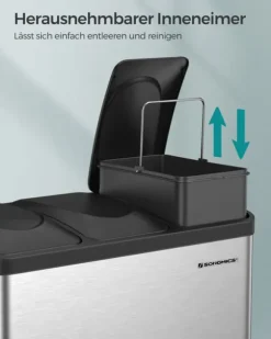 Soptunna, pedal, 45-liters metallsoptunna, källsorteringssystem för kök, tålig, 3 x 15 liter, rostfritt stål, silver och svart LTB45L
