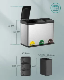 Soptunna, pedal, 45-liters metallsoptunna, källsorteringssystem för kök, tålig, 3 x 15 liter, rostfritt stål, silver och svart LTB45L