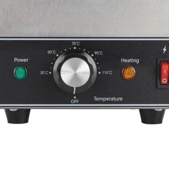 Såsdispenser - Elektrisk såspump med värme - 2 L - 30–110 °C termostat - 650 W - Rostfritt stål - EU‑kontakt - 21×21×37 cm - Silver