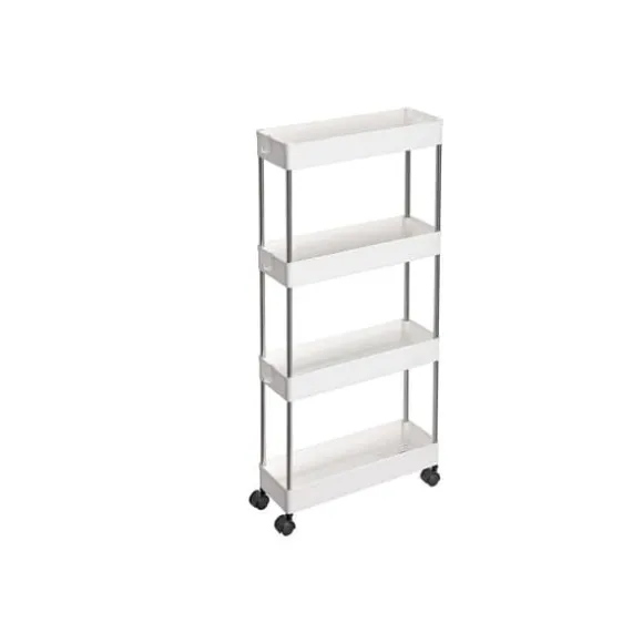 4-stegs förvaringsvagn på hjul, förvaringsenhet i plast, platsbesparande hylla för små utrymmen, badrum och kök, 40 x 12,5 x 88 cm, vit KSC08WT