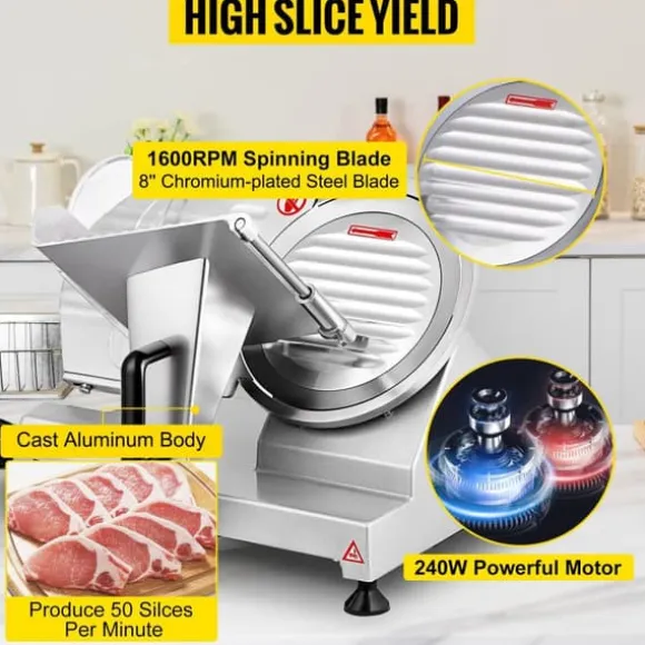 30st/min halvautomatisk elektrisk köttskärare med 20,3cm blad, 0-12mm justerbar skivtjocklek, stor kapacitet, säker design