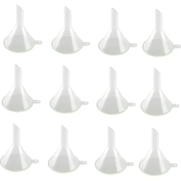 30 st minitrattar i genomskinlig plast. Lämpliga för flaskor, fyllning av laboratorievätskor, eteriska oljor, sandmålning, parfym etc.