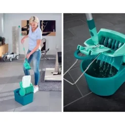 Sätt lavegolv med Leifheit Profi Compact 55092, platt mopp 42 cm med fodral, idealisk för alla släta golv.