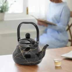 Tekanna & Kaffekanna i Emalj - Päronformad Spiskanna - Kapacitet 2 L - Vintage Stil - För Gas-, El- och Keramikhäll - Svart