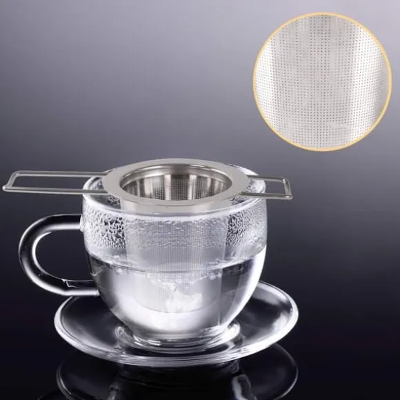 1 tesil i rostfritt stål med vikbara dubbla handtag och lock, kan hängas på tekannor, koppar, muggar, för att brygga löst te och kaffe
