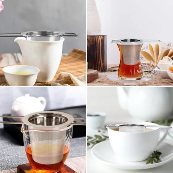 1 tesil i rostfritt stål med vikbara dubbla handtag och lock, kan hängas på tekannor, koppar, muggar, för att brygga löst te och kaffe