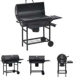 The Living Store Grilltunna med hjul och bord svart stål 115x85x95 cm - Utomhusgrillar