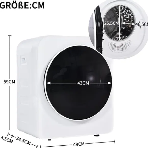 Torktumlare, rostfritt stål, 3kg, 830W, 5 program, trippelfilter, överhettningsskydd, väggmonterbar, vit