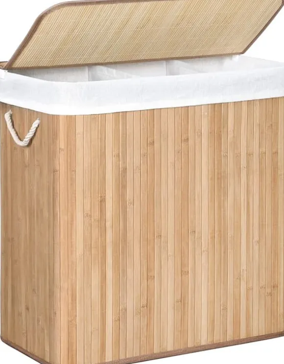 Tvättkorg i bambu 150L med 3 fack, avtagbar påse, lock - Naturlig