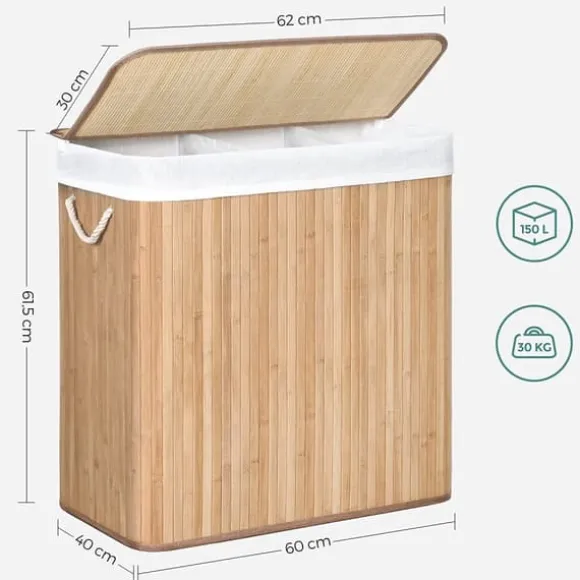 Tvättkorg i bambu 150L med 3 fack, avtagbar påse, lock - Naturlig