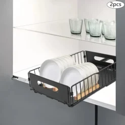 Utdragbar skåpsorganisatör - Förvaringskorgar - Rostbeständigt kolstål - 2-pack - Bärkapacitet 4–5 kg per korg - Mått 37,5×24,5×10 cm - Svart