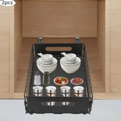 Utdragbar skåpsorganisatör - Förvaringskorgar - Rostbeständigt kolstål - 2-pack - Bärkapacitet 4–5 kg per korg - Mått 37,5×24,5×10 cm - Svart