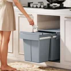 Utdragbar soptunna, 2 x 20 L, avtagbara behållare, plast, metall, Grå