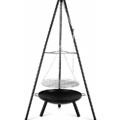Utomhus eldstad/grill - Trefotsstativ med hängande gryta/galler - Gjutjärn - Kolgrill - Emaljerad - Justerbar - Höjd 152 cm - Bärbar