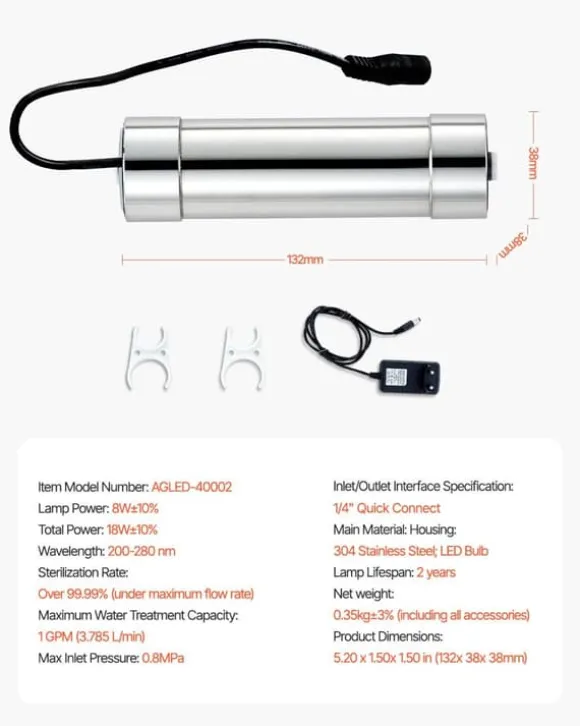UV-vattenrenare - UV-vattenfilter - 8 W - 3,8 l/min (1 GPM) - 220 V - Hölje i rostfritt stål - Kvartshylsa - För hela huset