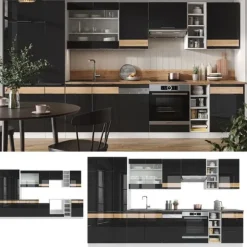 Vicco Fame-Line kök, Blank svart ek/vit, 355 cm