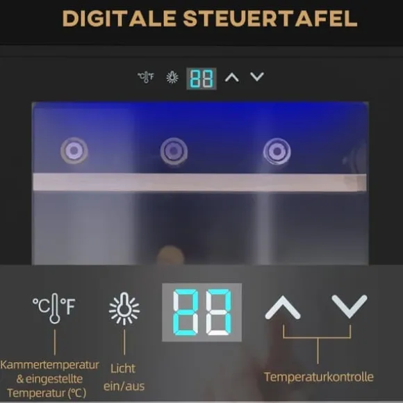 Vinkyl 24 flaskor, 5–20 °C, LED, 43×45×75 cm, svart