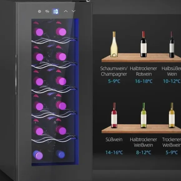 Vinkyl 12 flaskor 30 L 8–18 °C, dubbelt termoelektrisk med glasdörr & LED, touch, svart