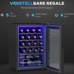 Vinkyl 20 flaskor 53 L, 5–18 °C, kompressor, anti-UV glasdörr, LED, svart