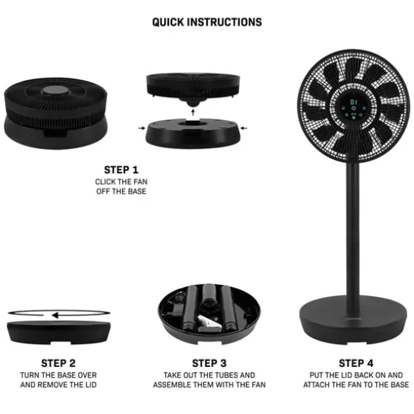 VONROC BREEZE Sladdlös Fläkt – Tyst < 44 dB – 24 hastigheter – 3 vindlägen – Bord- & golvmodell – Touchpanel & fjärrkontroll – Svart