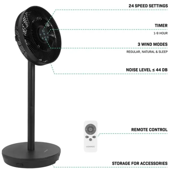 VONROC BREEZE Sladdlös Fläkt – Tyst < 44 dB – 24 hastigheter – 3 vindlägen – Bord- & golvmodell – Touchpanel & fjärrkontroll – Svart