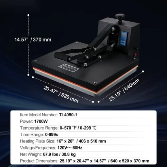 Värmepressmaskin 16 x 20, Sublimeringsöverföringsskrivare för DIY T-shirt, snabbt värme, digital temperaturkontroll