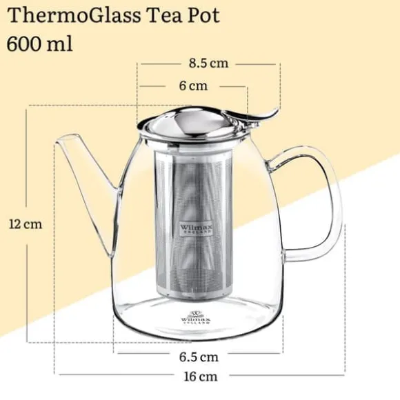 WILMAX Tekanna Glas 600 ml – Värmebeständig Tebryggare med Rostfritt Stål Filter | Thermo Glass