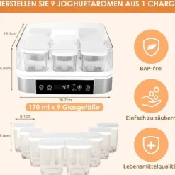 Yoghurtmaskin, digital yoghurtberedare, temperatur- och tidsstyrning, automatisk, 9 glasburkar à 170 ml, svart