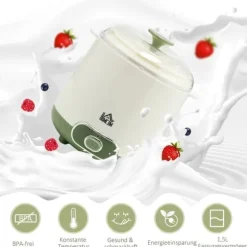 Yoghurtmaskin 1,5 l med 2 glasburkar och sil, 20 W, för grekisk yoghurt, 3–5 personer, vit
